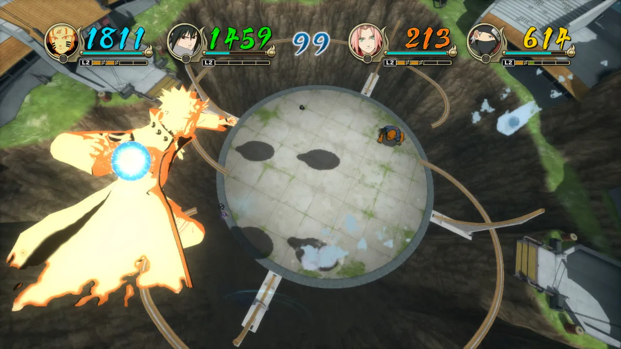 alt text:  Naruto Shippuden: Ultimate Ninja Storm Revolution screenshot showing characters battling in the Ninja World Tournament.