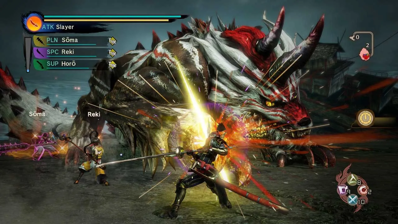 alt text of combat scene with multiple characters fighting oni