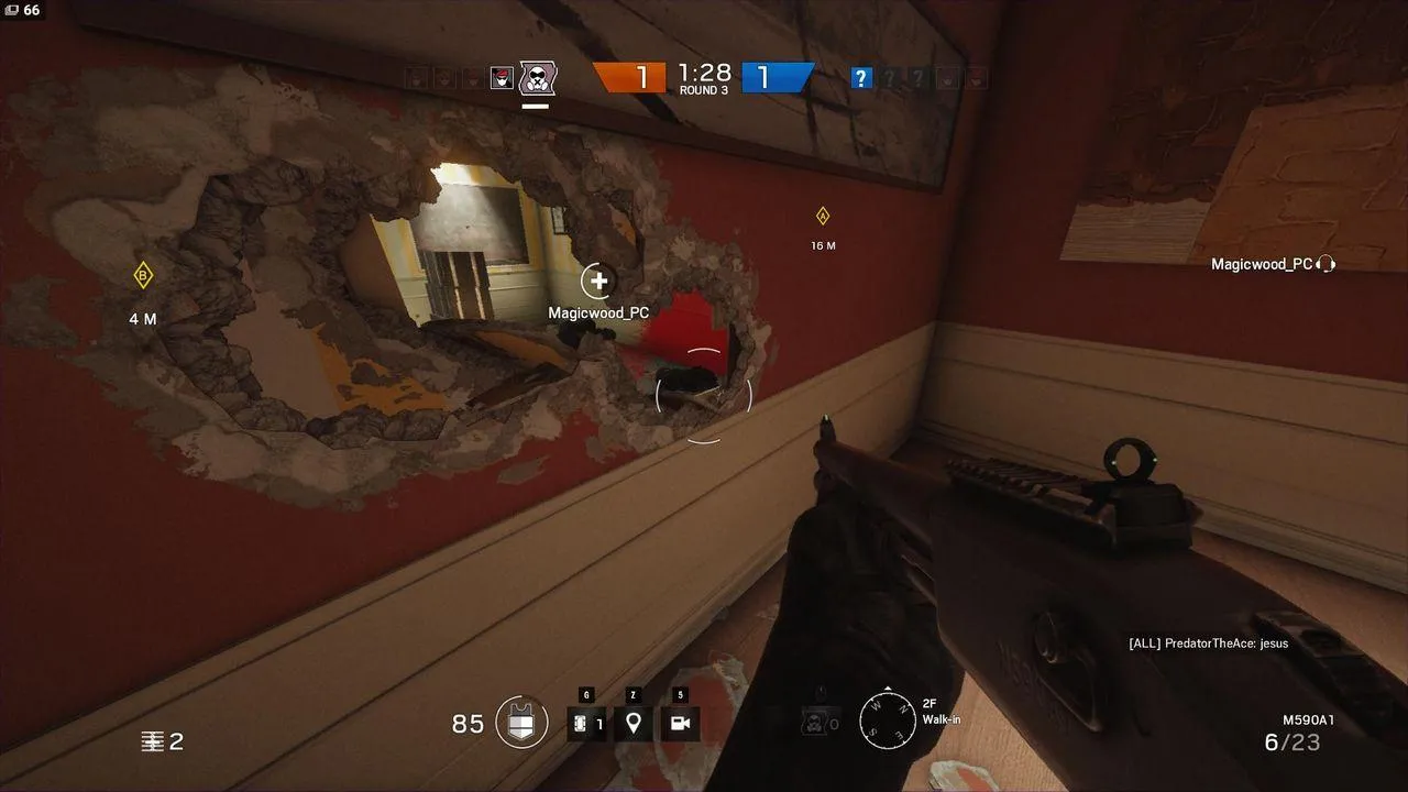 alt text: Players navigating a tight corridor in Rainbow Six Siege