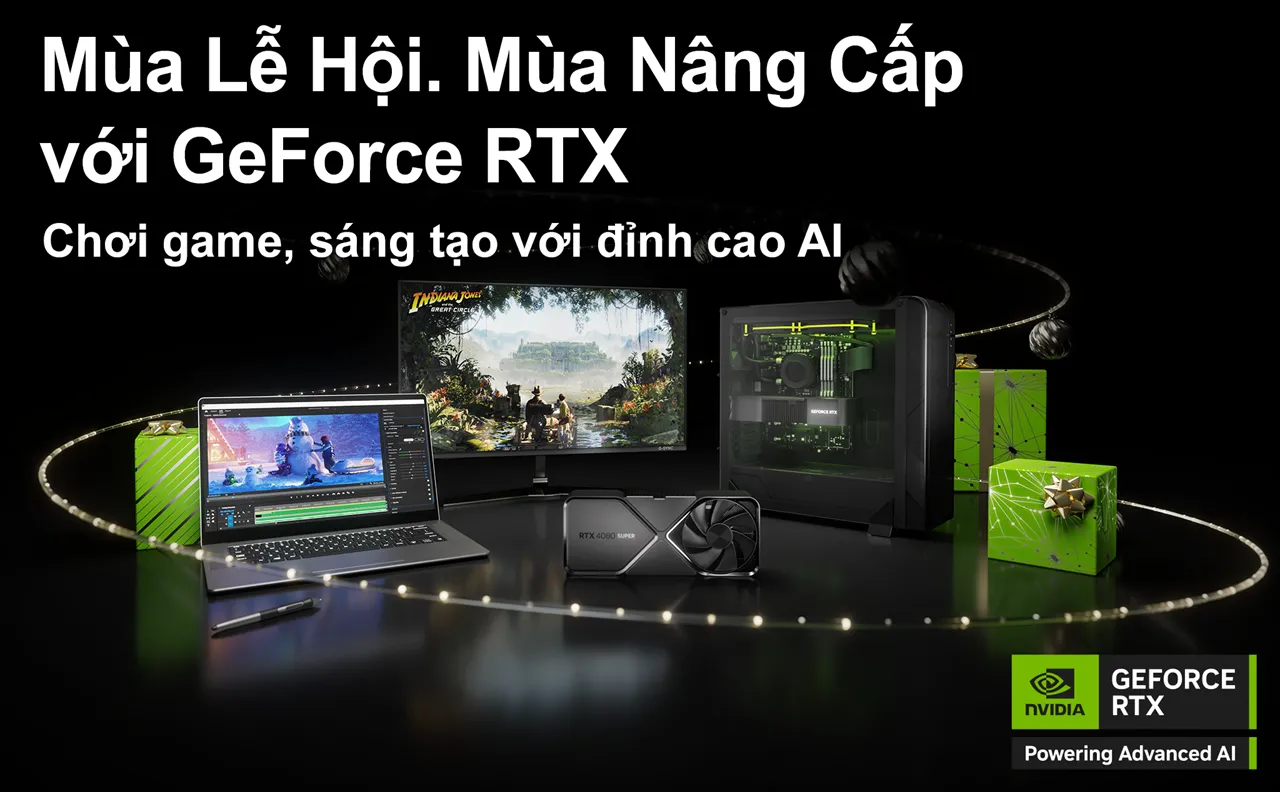 alt text: Promotional image featuring the GeForce RTX logo and holiday-themed graphics.