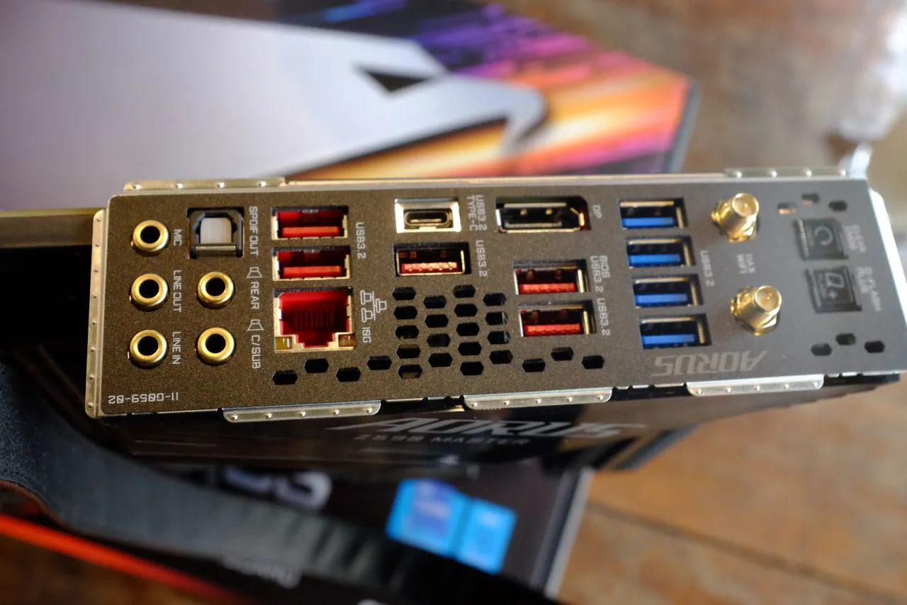 alt text: Rear I/O panel of the GIGABYTE Z590 AORUS Master motherboard