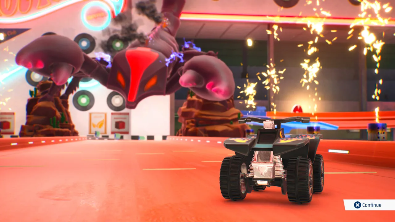 alt text: Screenshot depicting a boss battle in Hot Wheels Unleashed 2: Turbocharged, with a Hot Wheels car facing off against a large creature