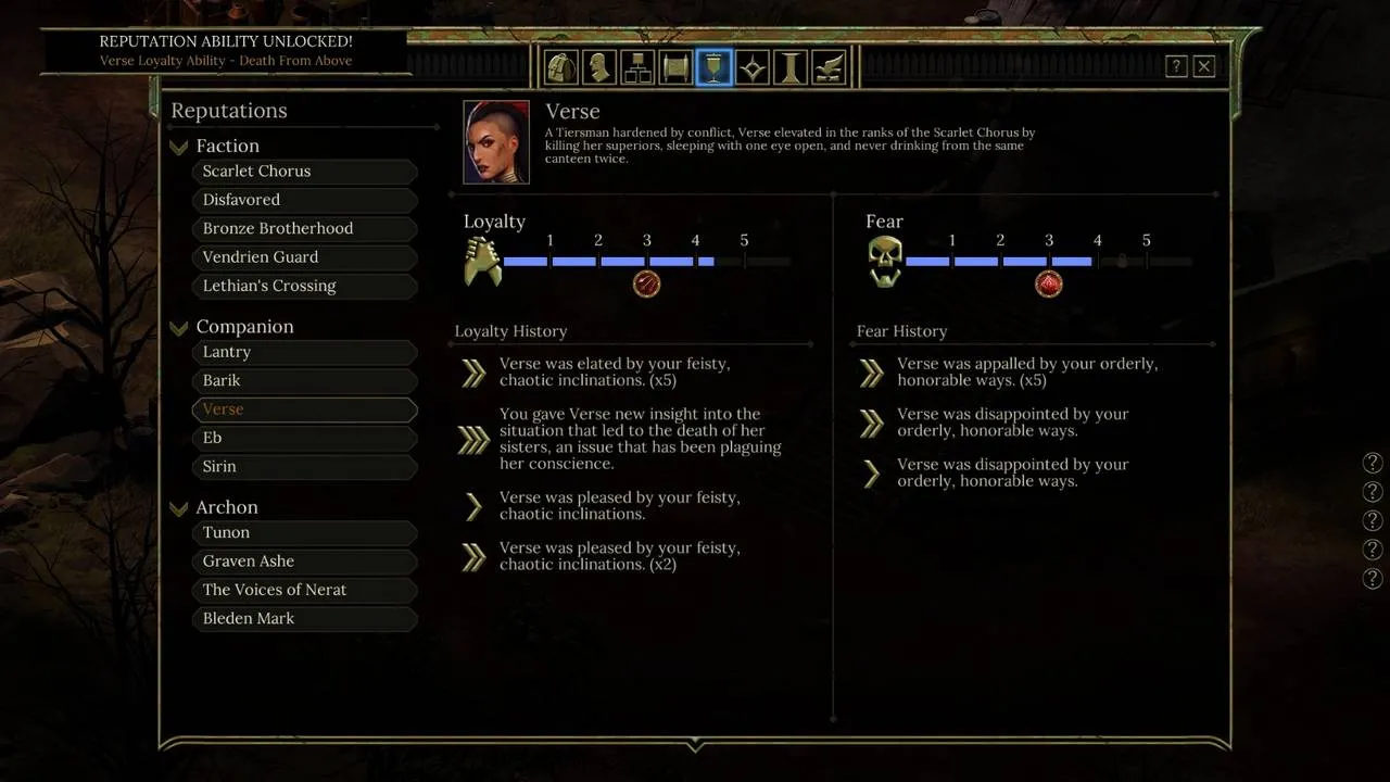 alt text: Screenshot from Tyranny depicting the game's environment and user interface.