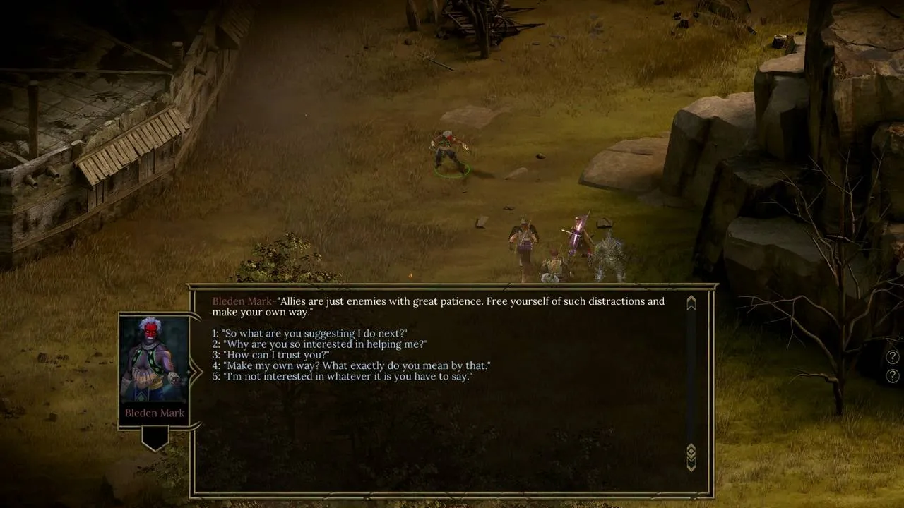 alt text: Screenshot from Tyranny showing an interaction between the Fatebinder and an NPC.