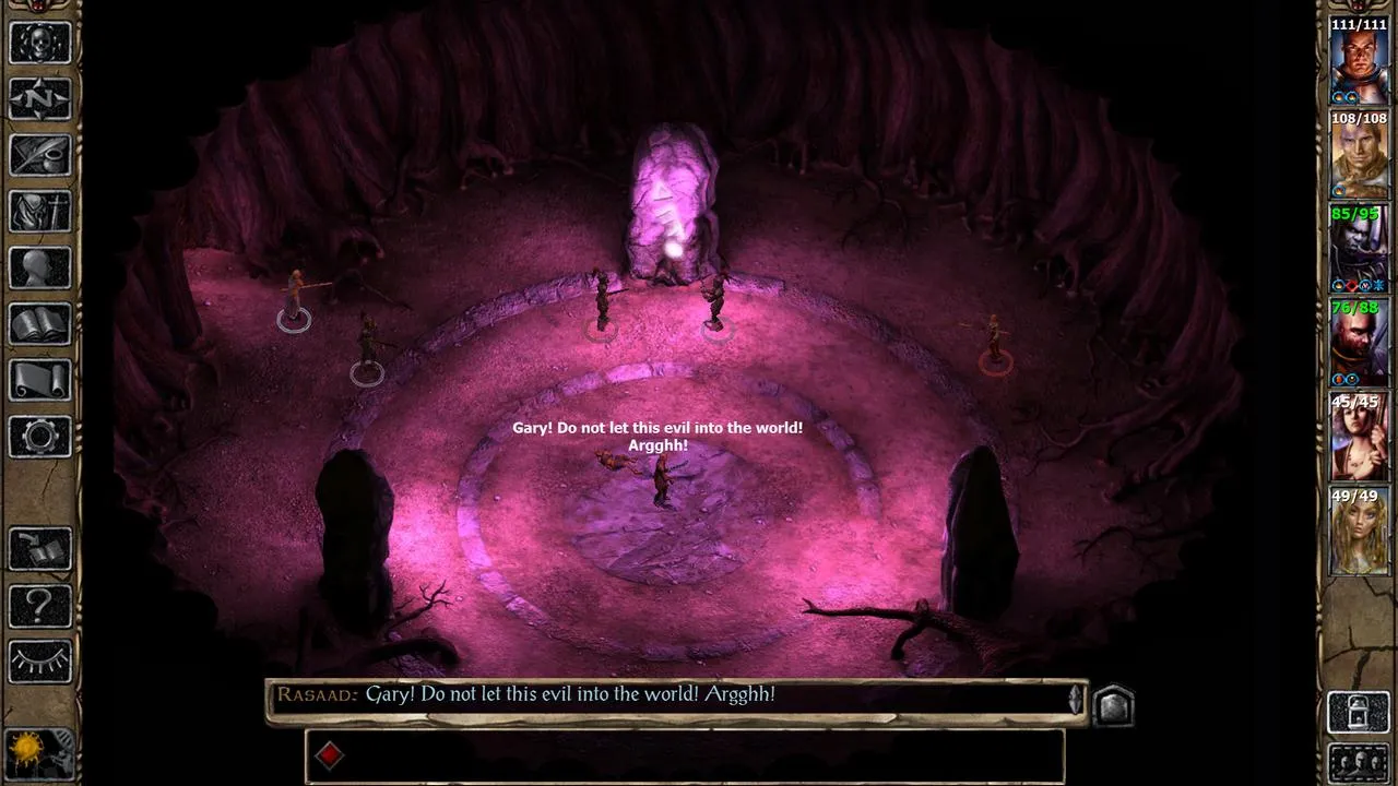 alt text: Screenshot of Baldur's Gate II: Enhanced Edition gameplay showing a party of characters exploring a dungeon.