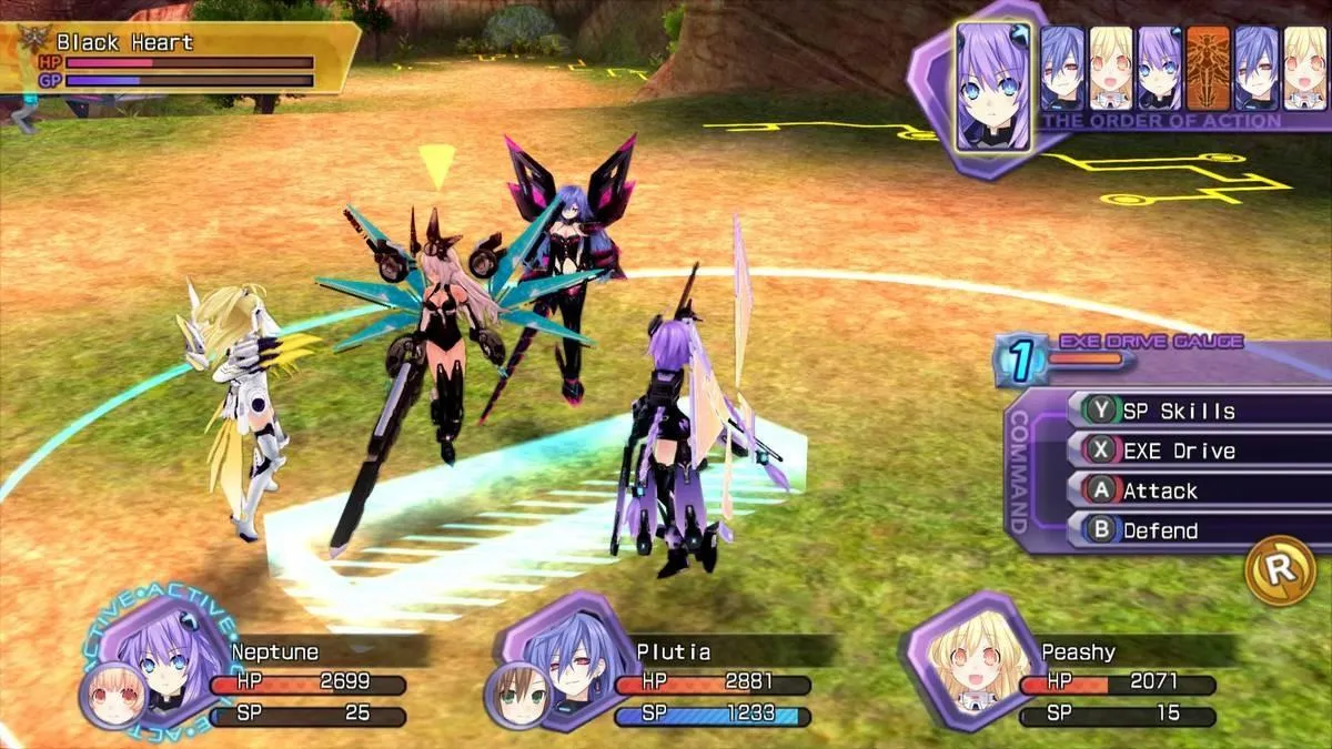 alt text: Screenshot of Hyperdimension Neptunia Re;Birth1 displaying the in-game battle interface with characters engaging in combat.