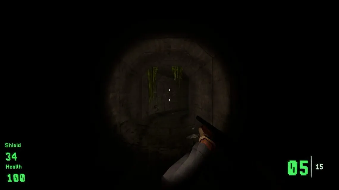 alt text: Screenshot of KVARK showing a combat encounter in a brightly lit area with visible pipes and machinery.