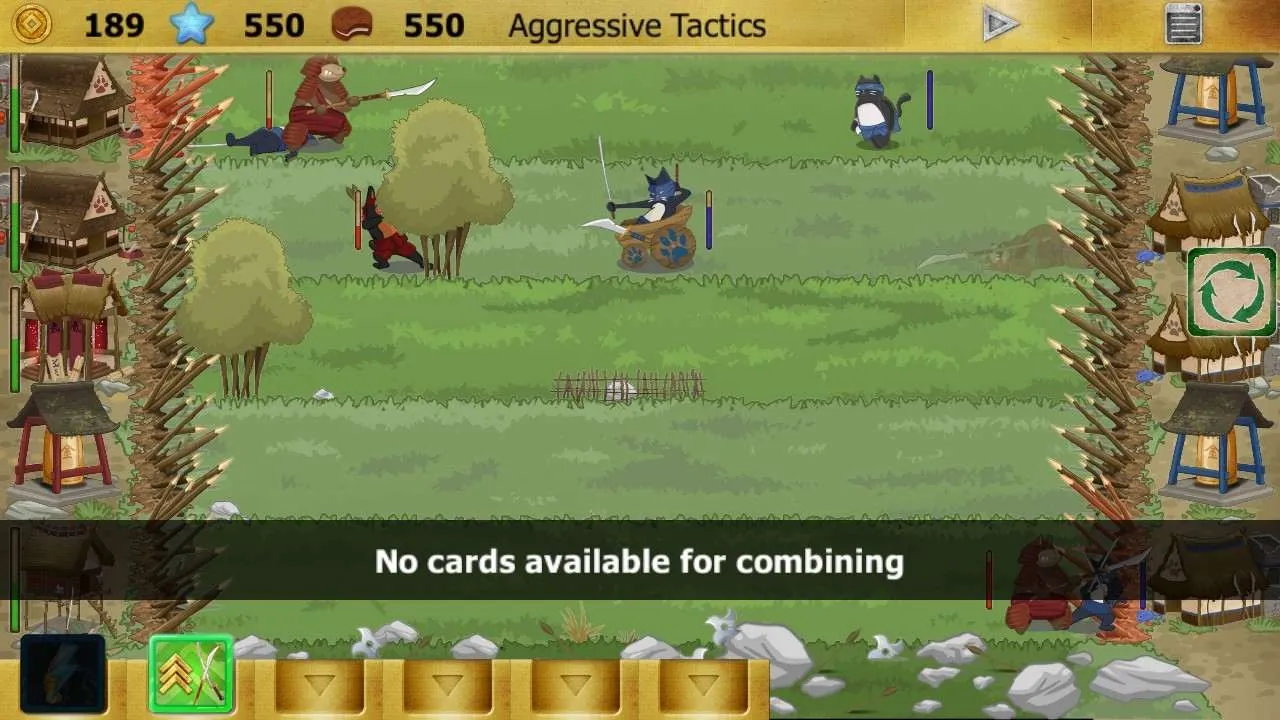 alt text: Screenshot of Ninja Cats vs Samurai Dogs gameplay highlighting the building construction aspect.