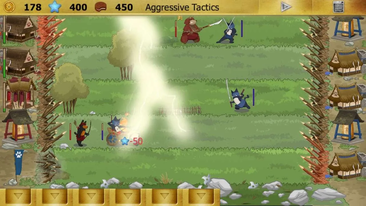 alt text: Screenshot of Ninja Cats vs Samurai Dogs gameplay showing cats and dogs battling.