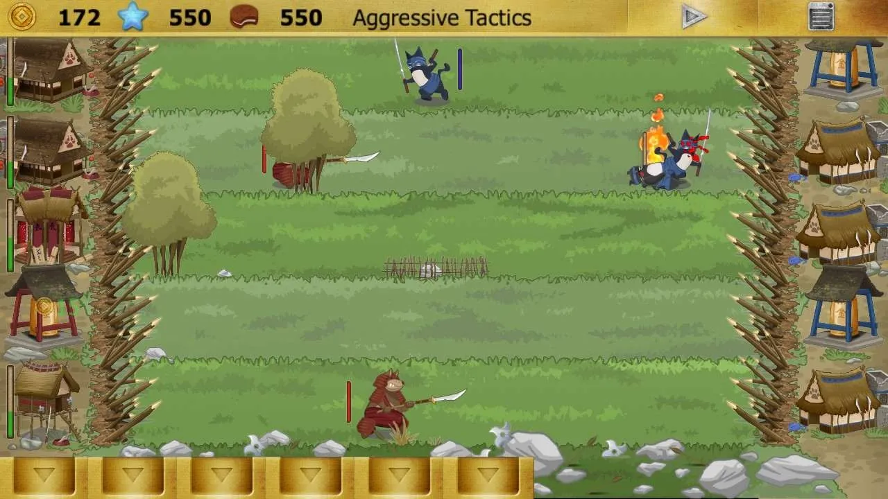 alt text: Screenshot of Ninja Cats vs Samurai Dogs illustrating the magic system and its effects on the battlefield.