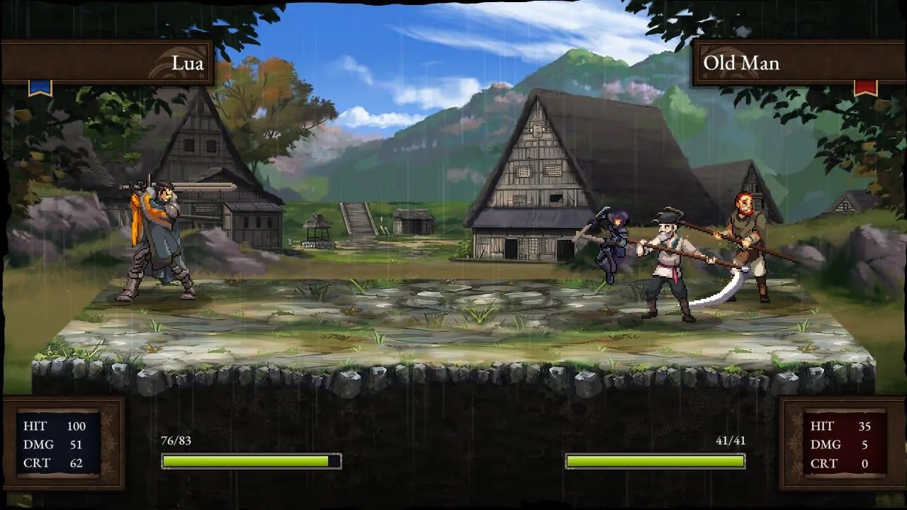 alt text: Screenshot of Rise Eterna showing the battle animations and pixel art style during combat.