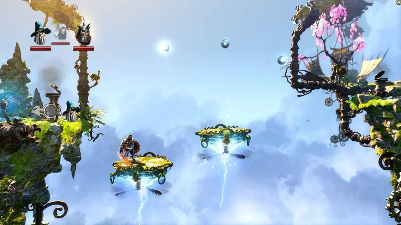 alt text: Screenshot of Trine 2 depicting a vibrant, fairytale-like environment with lush vegetation and intricate architecture. The characters are seen navigating the environment using their unique abilities.