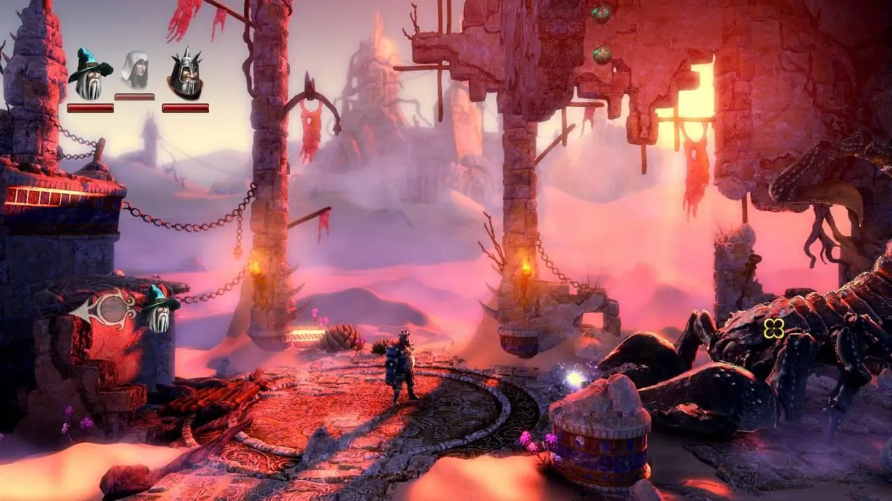 alt text: Screenshot of Trine 2 gameplay highlighting the smooth online co-op experience, showing the three characters traversing a puzzle-filled environment together.