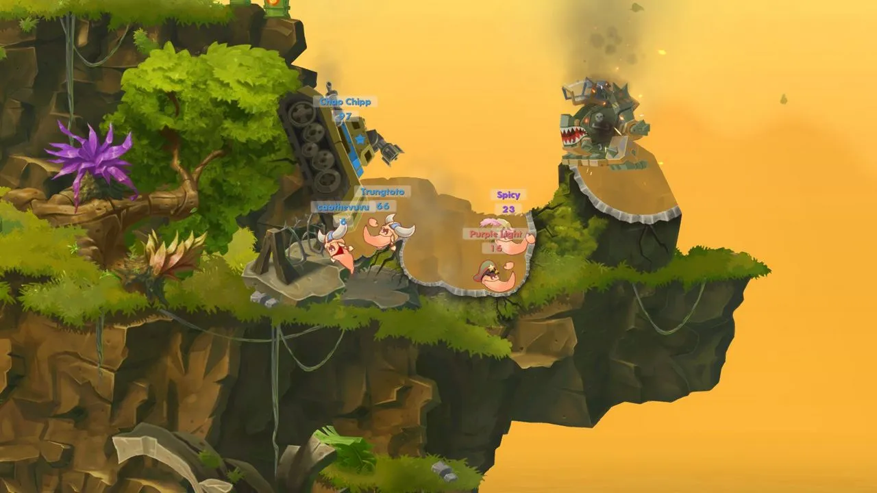 alt text: Screenshot of Worms W.M.D. gameplay showing worms using various weapons.