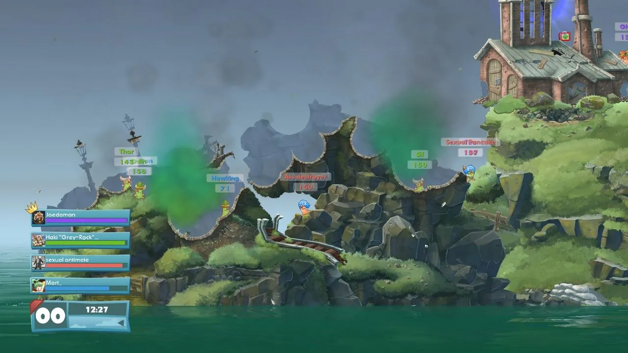 alt text: Screenshot of Worms W.M.D. showcasing the new vehicles and weaponry in action.