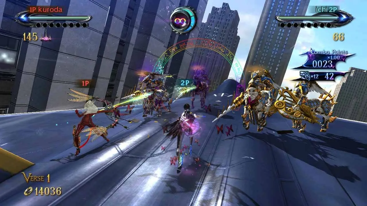 alt text showing a screenshot of Bayonetta 2 with the protagonist in the foreground and a detailed environment in the background