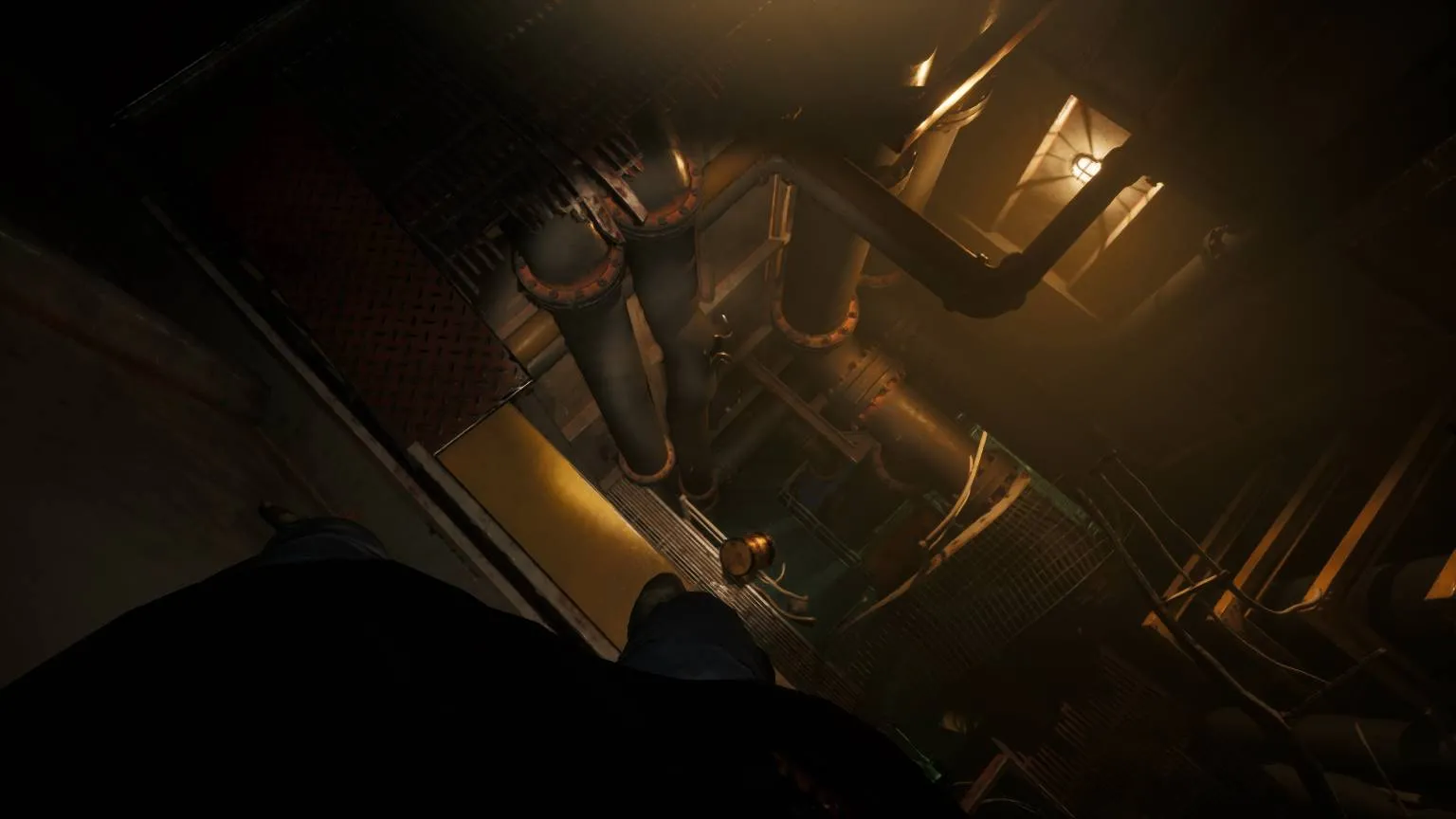 alt text showing Caz navigating a dark and cluttered area of the oil rig