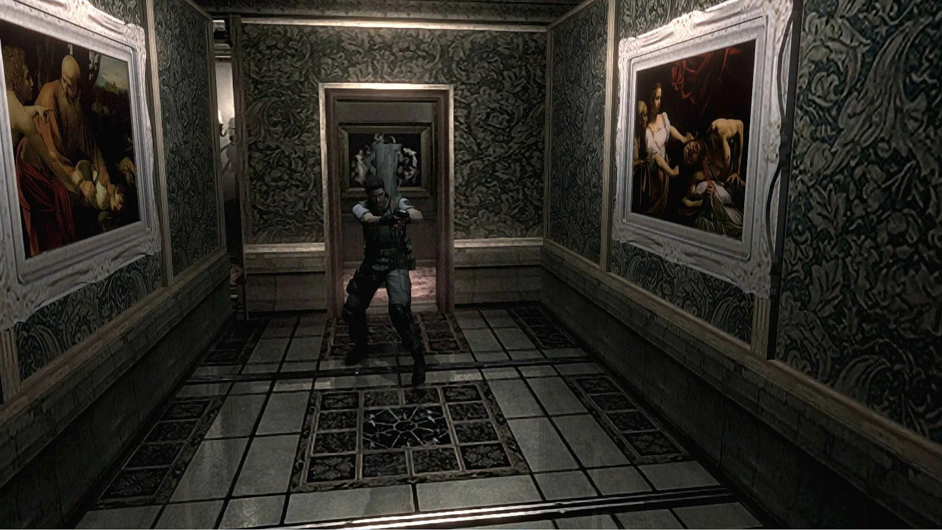 alt text showing Chris Redfield confronting a zombie in the mansion's hallway