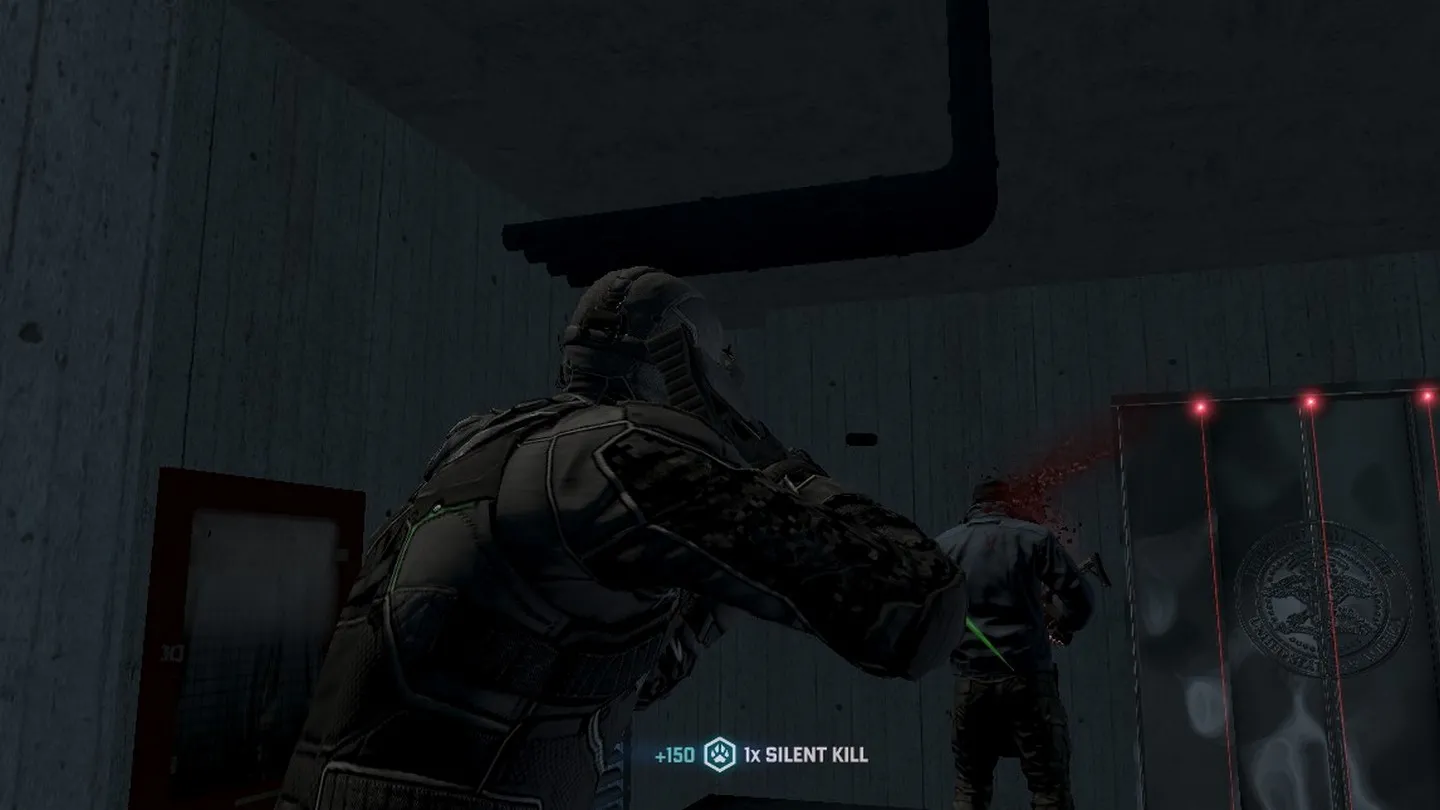 alt text showing Sam Fisher aiming a weapon in a dimly lit environment