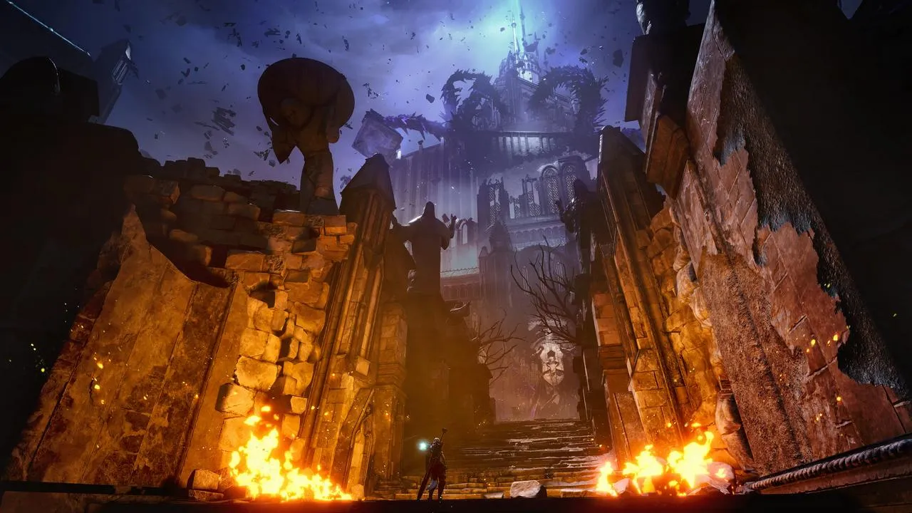 alt text: Soulstice gameplay screenshot of a platforming section