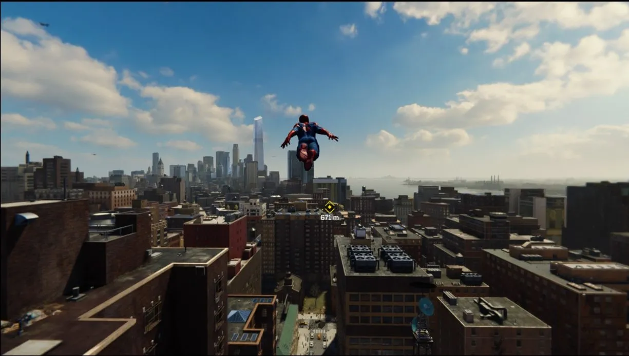 Alt text: Spider-Man perched atop a building overlooking a vibrant Manhattan cityscape.