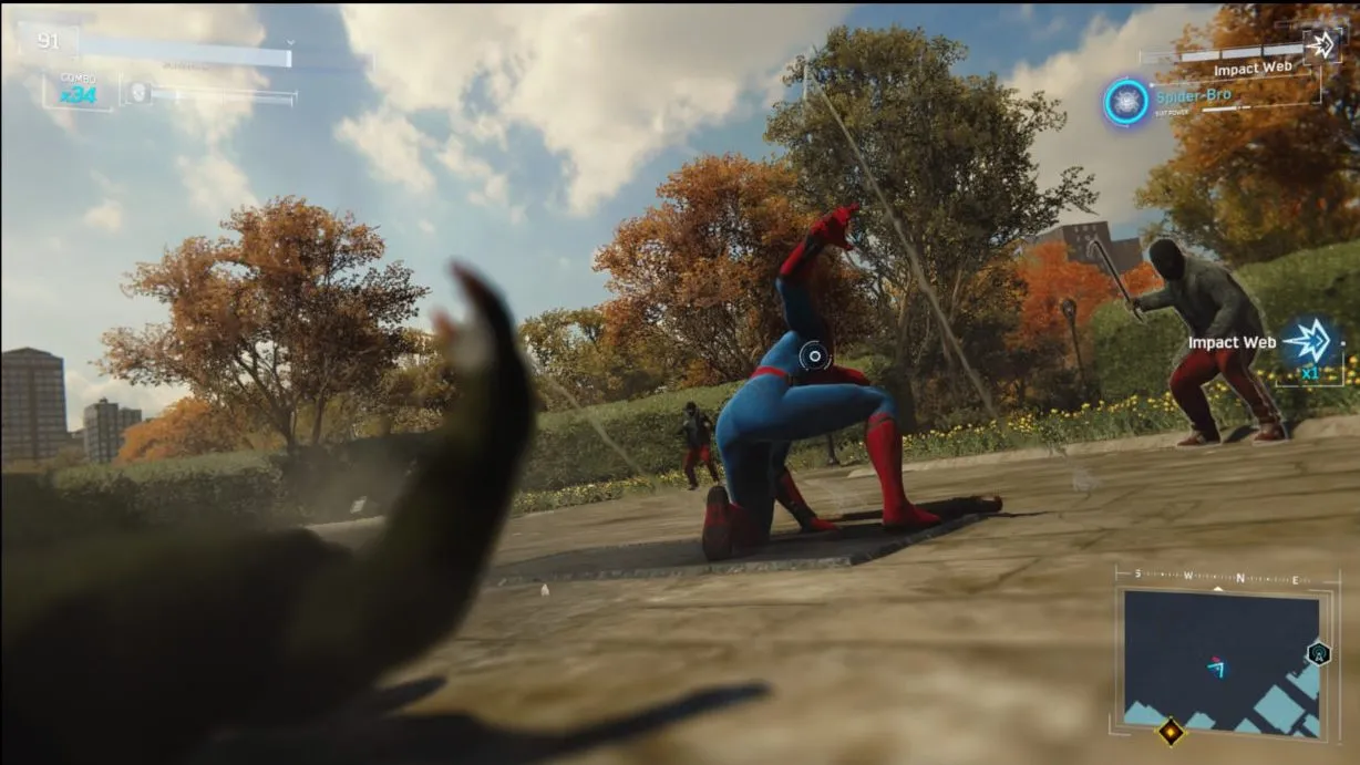 Alt text: Spider-Man using his web-shooters to pull himself towards a building.