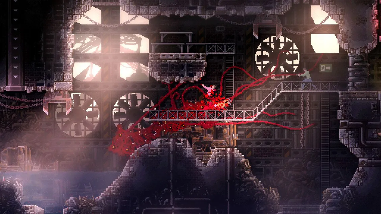 alt text: The creature from Carrion consuming a scientist in a dimly lit corridor.