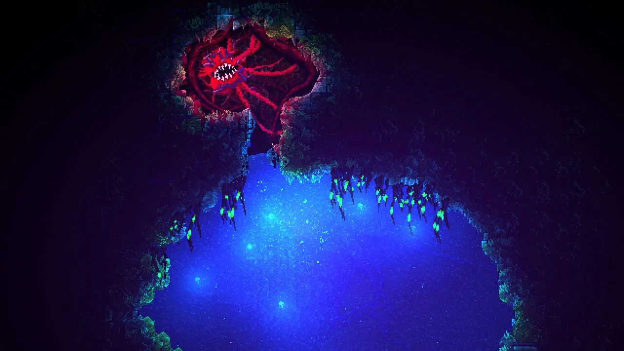 alt text: The creature from Carrion using its tendrils to pull a lever in a flooded area.