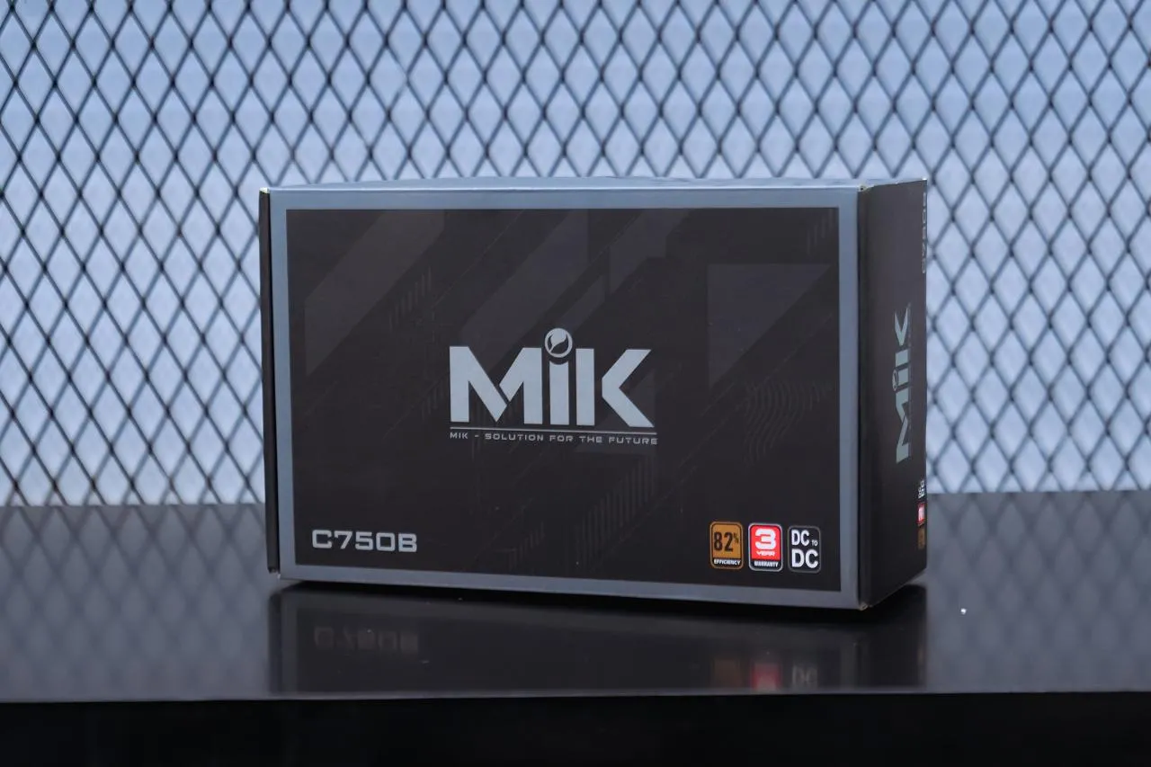 alt text: The MIK C750B 750W power supply box, showcasing its compact size and 80 Plus Bronze certification.