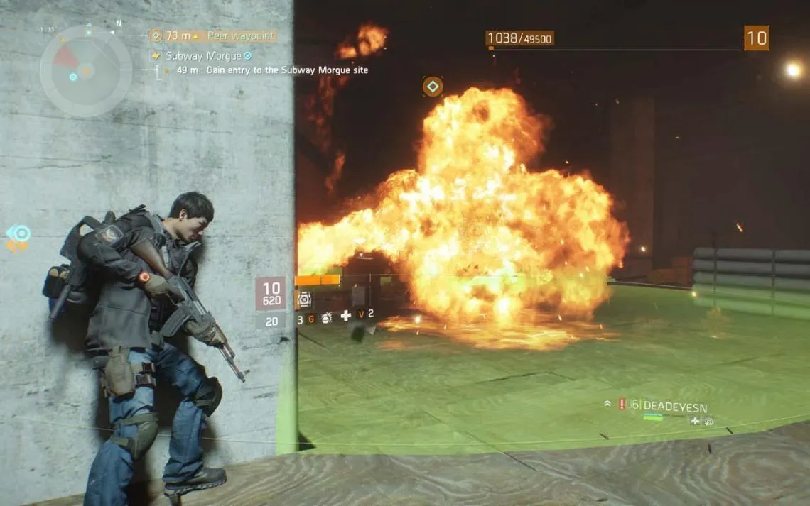 alt text: The player character aiming down the sights of their weapon in The Division, highlighting the game's first-person shooting perspective.