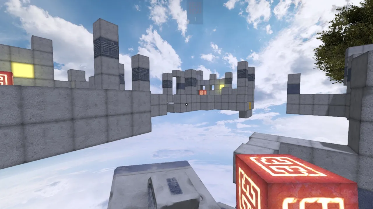 alt text: The player character in Qbeh-1: The Atlas Cube stands at the entrance to a new level, demonstrating the game's progression system.