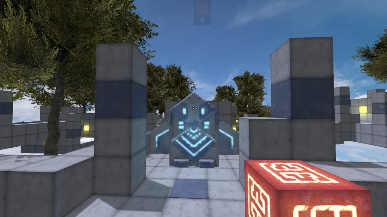 alt text: The player character in Qbeh-1: The Atlas Cube surrounded by colored blocks, highlighting the sometimes tedious process of collecting them.