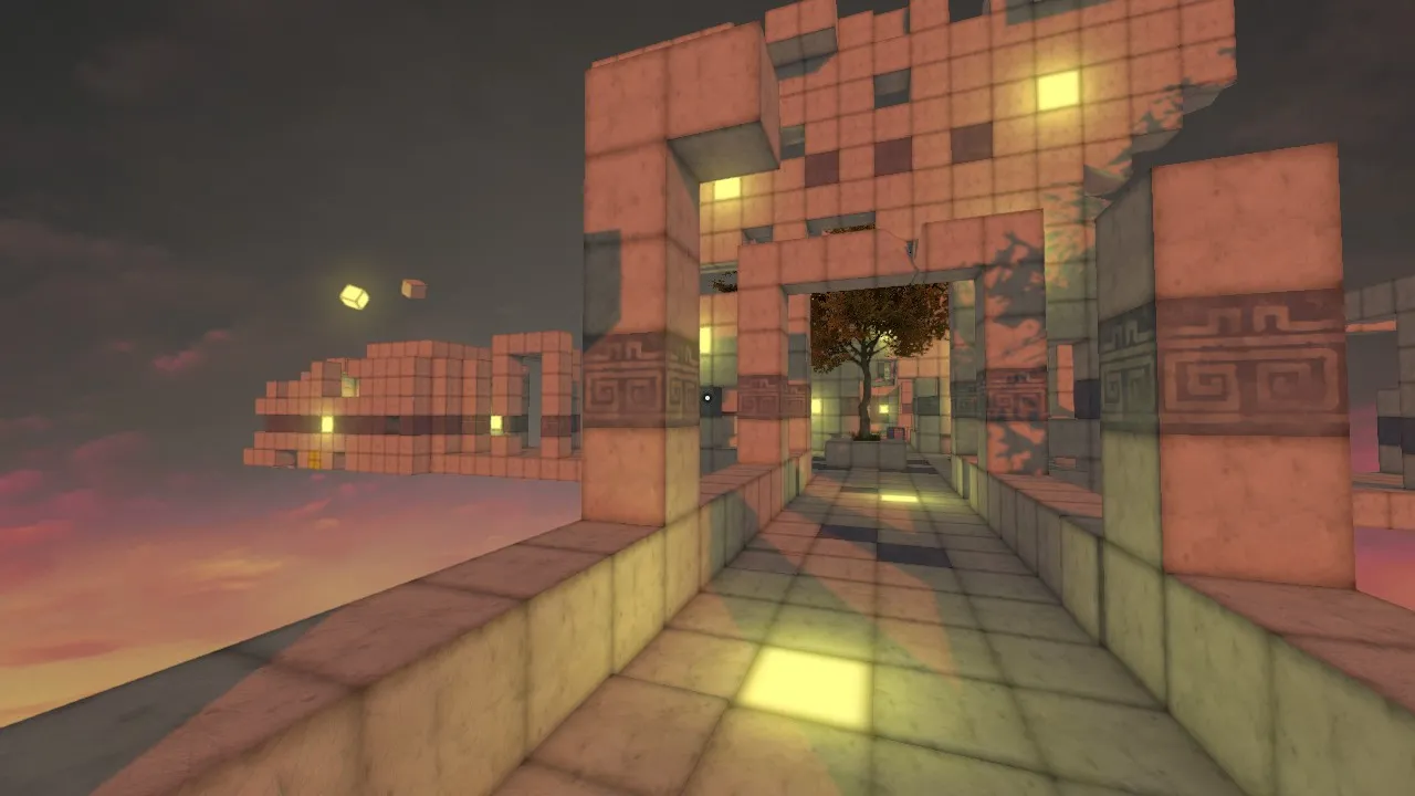 alt text: The player character in Qbeh-1: The Atlas Cube utilizes a series of colored blocks to traverse a gap in the level.