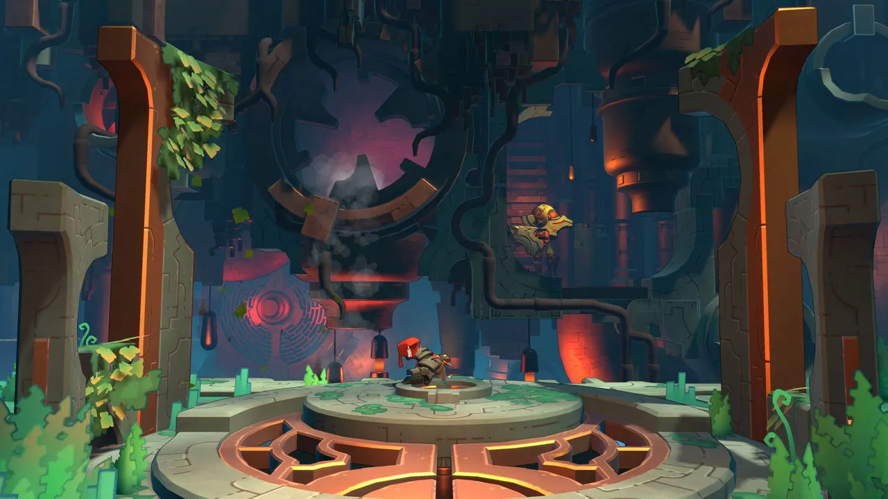 alt text: The protagonist standing amidst ancient ruins overtaken by nature, emphasizing the serene yet mysterious atmosphere of Hob.