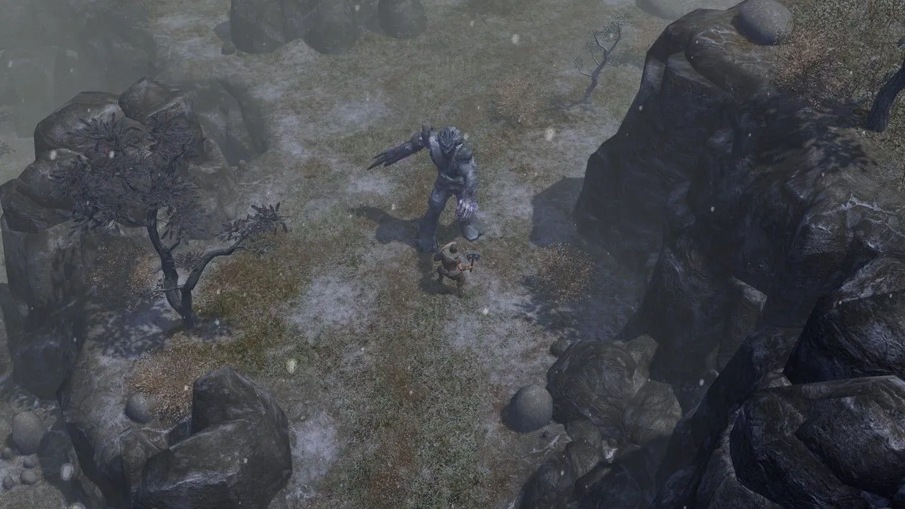 alt text: Titan Quest Ragnarok Gameplay Screenshot Showing a Character Standing in a Snowy Area with Structures in the Background