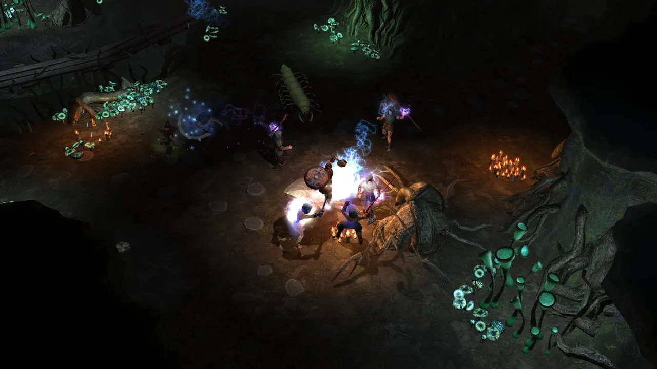 alt text: Titan Quest Ragnarok Gameplay Screenshot Showing Character Combat in a Snowy Environment