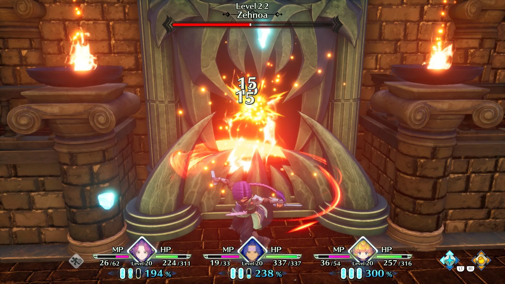 alt text: Trials of Mana remake combat screenshot demonstrating the dodging mechanic during a boss fight