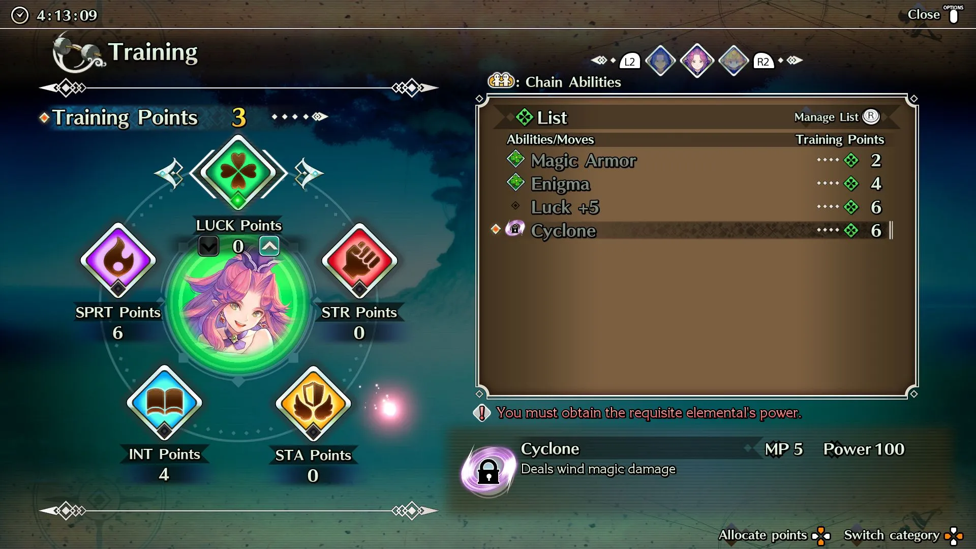 alt text: Trials of Mana remake screenshot displaying the character's skill tree and available abilities