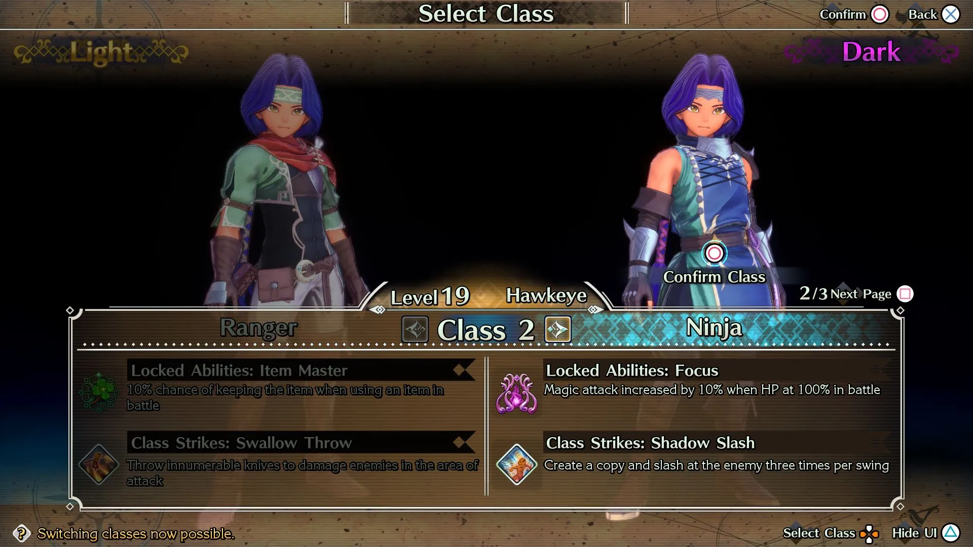 alt text: Trials of Mana remake screenshot showing the class change options and their respective paths