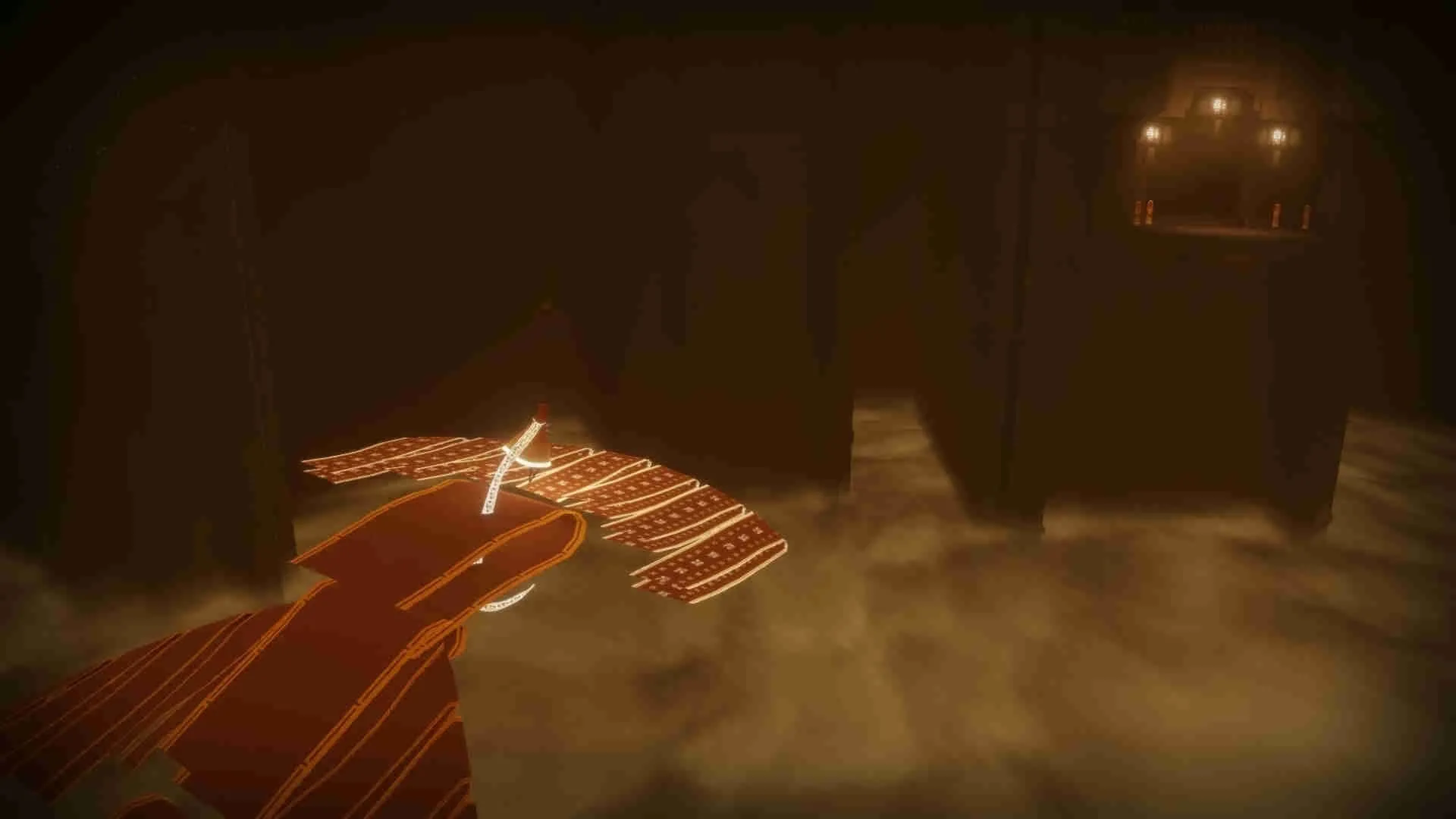 alt text: Two robed figures walking together through a snowy landscape in Journey.