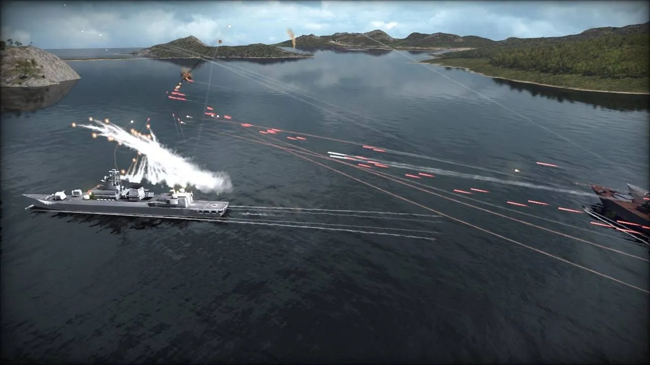 Alt text: Wargame: Red Dragon screenshot showing a naval battle scene with warships engaging each other.