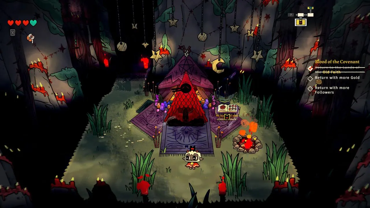 Alt: The Lamb exploring a dungeon with various resources scattered around.