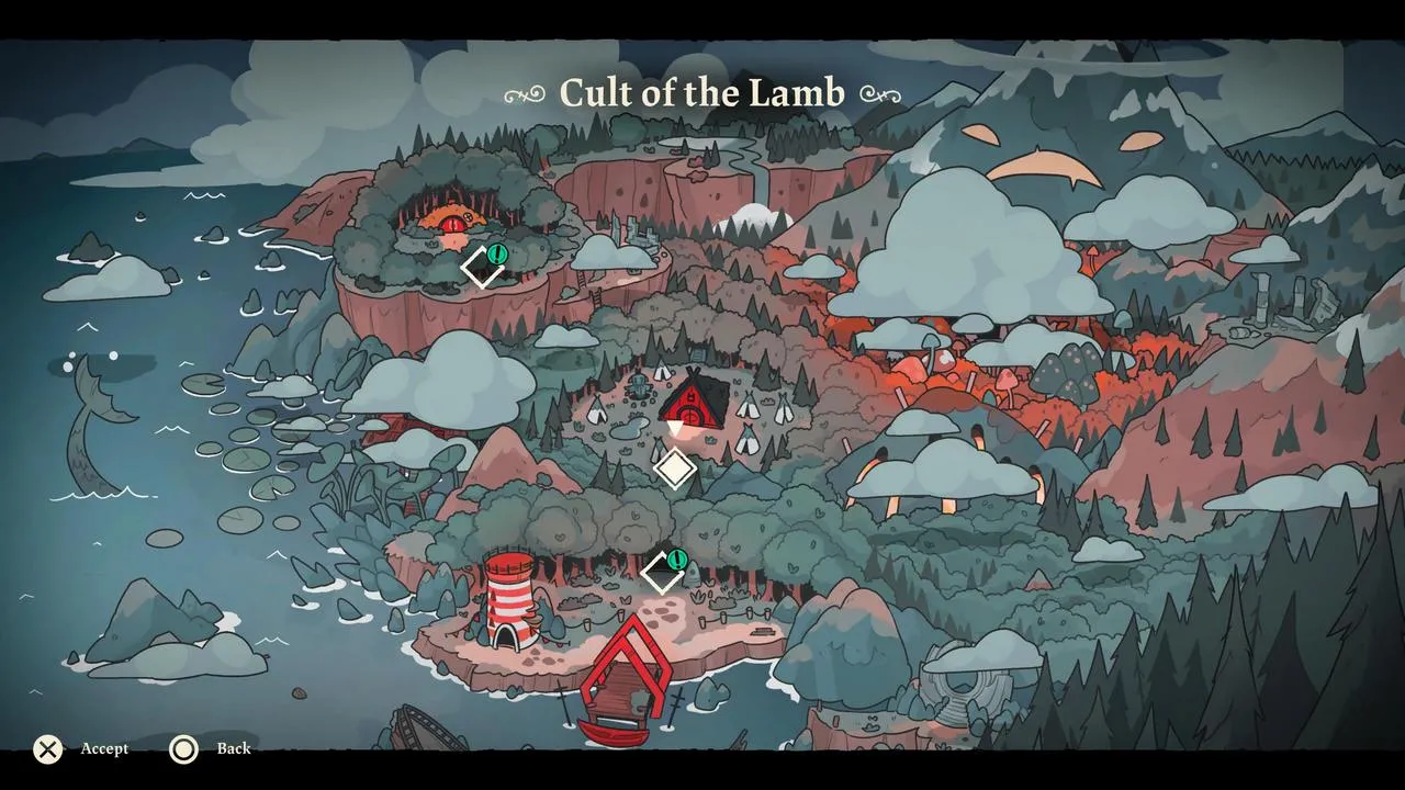 Alt: The Lamb fighting enemies in a dark, stylized dungeon with pixelated graphics.