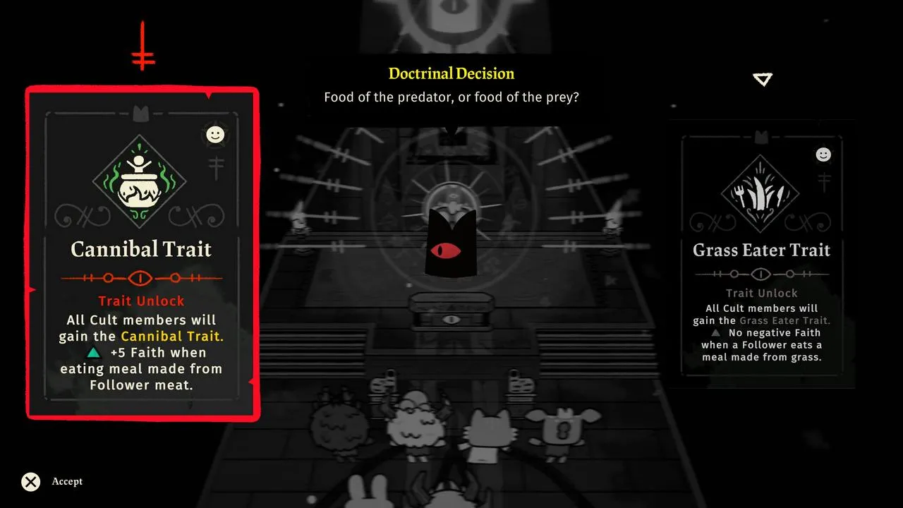 Alt: The Lamb performing a ritual in front of a group of followers.
