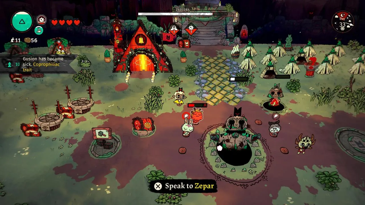 Alt: The Lamb preaching to a group of followers in a clearing with a large shrine.