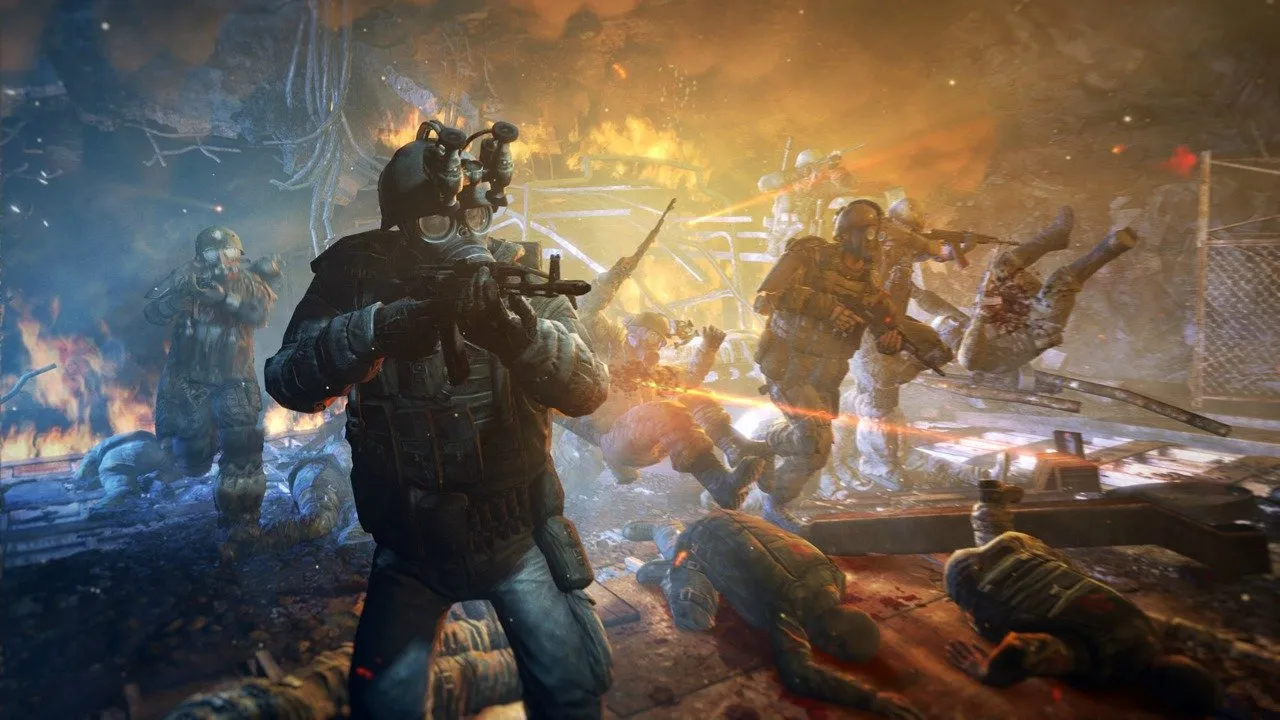 Alt: The player aiming a custom-built weapon in Metro: Last Light.