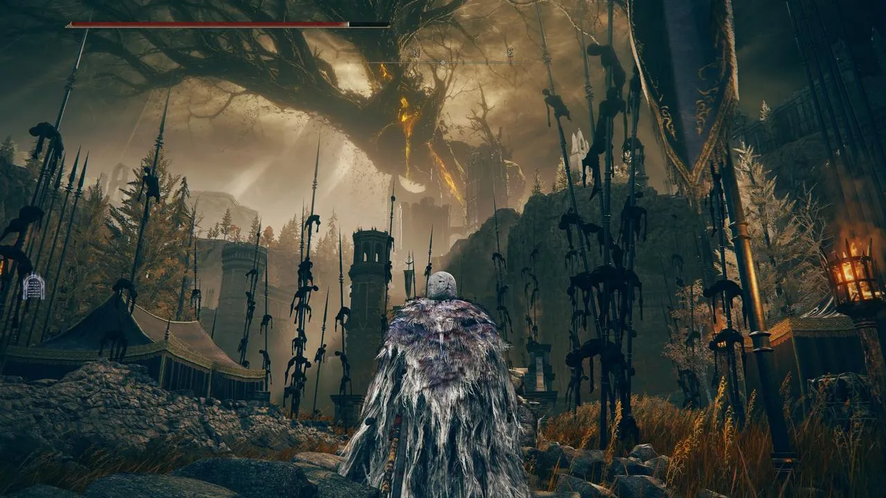 Alt: The player character exploring a dark and gloomy environment in the Elden Ring: Shadow of the Erdtree DLC.