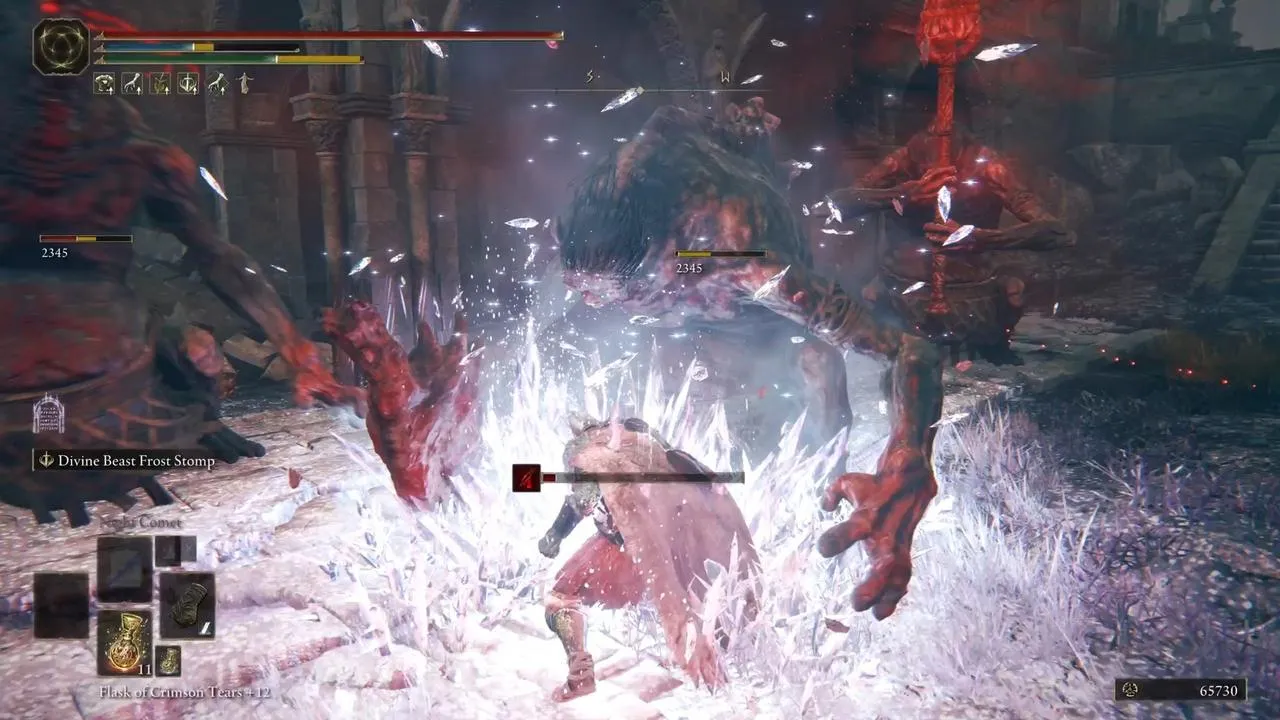 Alt: The player character facing off against a new boss in Elden Ring: Shadow of the Erdtree DLC. The boss appears large and imposing, with distinct visual design.