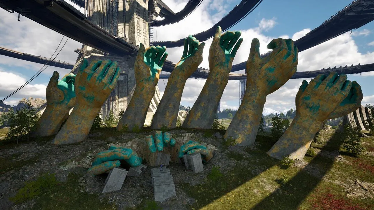 Alt: The player character stands before a massive, ancient structure, hinting at the scale and complexity of the game's world.