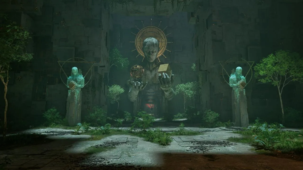 Alt: The player observes a serene environment with natural elements and architectural ruins.
